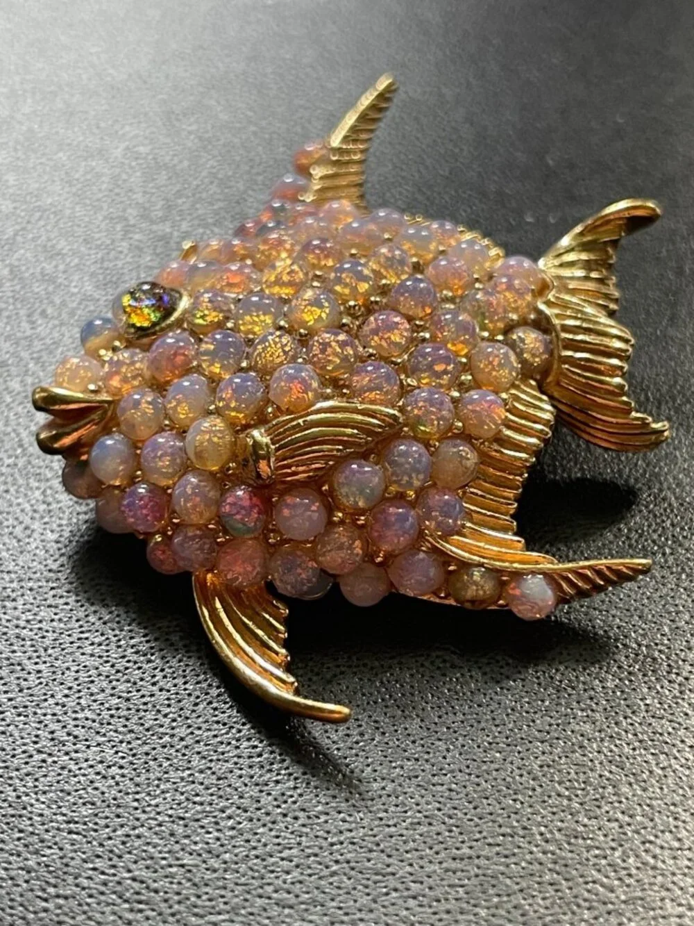 Vintage Ciner Signed Gold Plated Faux Opal Cabochon Angelfish Brooch Pin